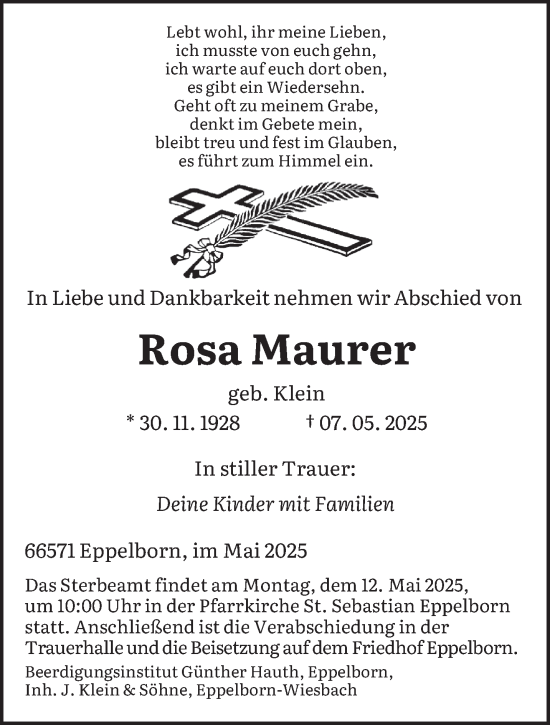 Todesanzeige von Rosa Maurer von saarbruecker_zeitung
