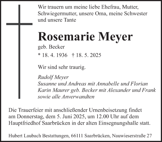 Todesanzeige von Rosemarie Meyer von saarbruecker_zeitung