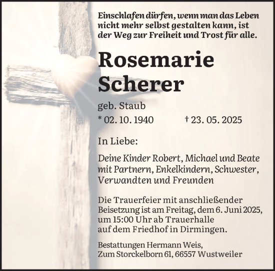 Todesanzeige von Rosemarie Scherer von saarbruecker_zeitung