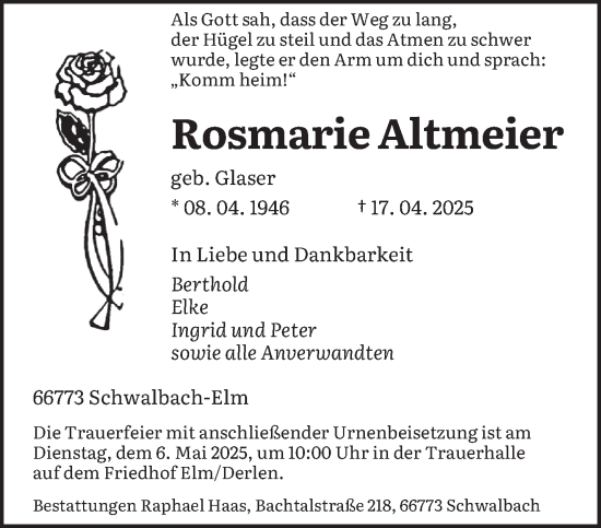 Todesanzeige von Rosmarie Altmeier von saarbruecker_zeitung