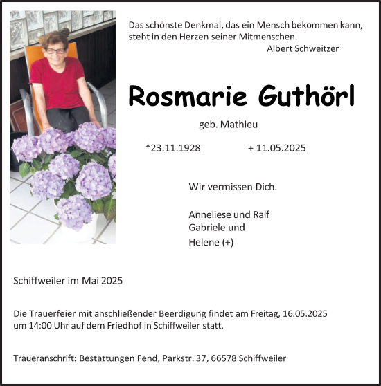 Todesanzeige von Rosmarie Guthörl von saarbruecker_zeitung