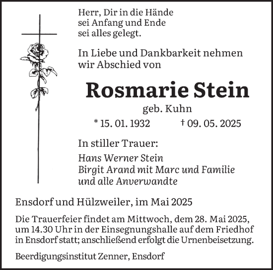 Todesanzeige von Rosmarie Stein von saarbruecker_zeitung