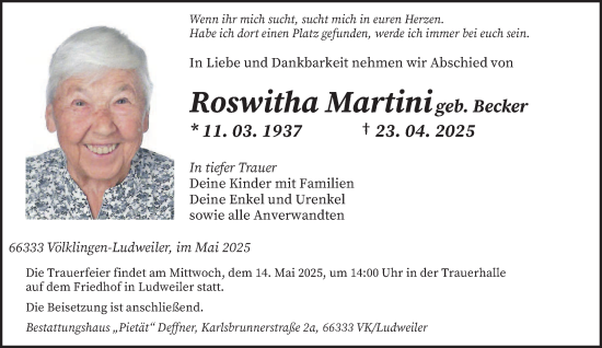 Todesanzeige von Roswitha Martini von saarbruecker_zeitung