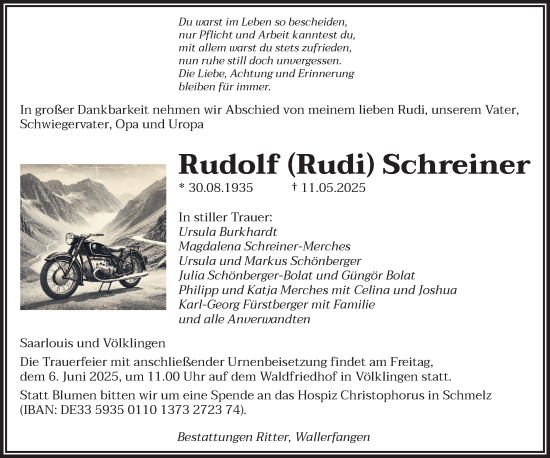 Todesanzeige von Rudolf Schreiner von saarbruecker_zeitung