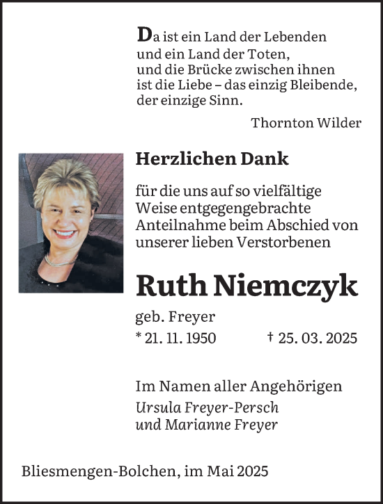 Todesanzeige von Ruth Niemczyk von saarbruecker_zeitung