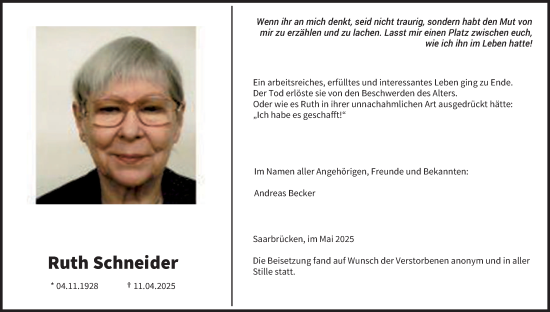 Todesanzeige von Ruth Schneider von saarbruecker_zeitung
