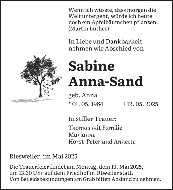 Todesanzeige von Sabine Anna-Sand von saarbruecker_zeitung