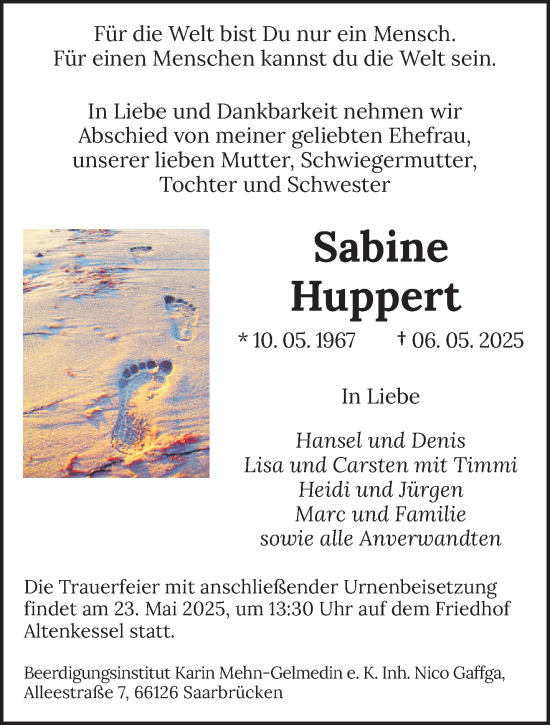 Todesanzeige von Sabine Huppert von saarbruecker_zeitung