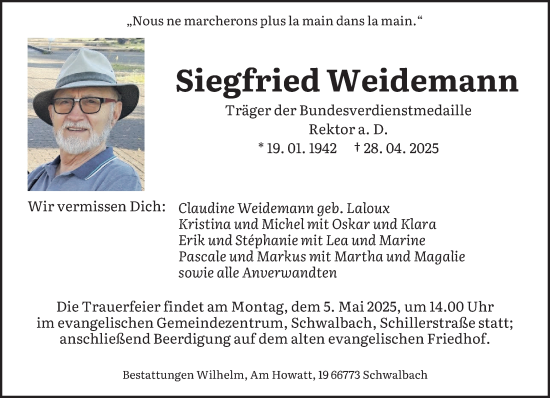 Todesanzeige von Siegfried Weidemann von saarbruecker_zeitung