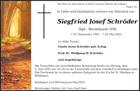 Todesanzeige von Siegfried Josef Schröder von saarbruecker_zeitung