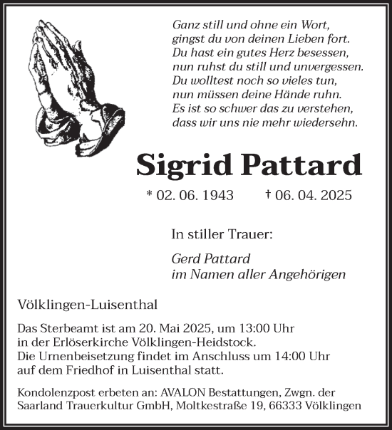 Todesanzeige von Sigrid Pattard von saarbruecker_zeitung