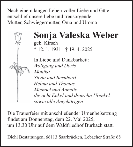 Todesanzeige von Sonja Valeska Weber von saarbruecker_zeitung