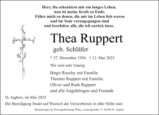 Todesanzeige von Thea Ruppert von saarbruecker_zeitung