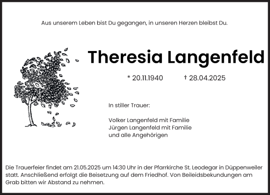 Todesanzeige von Theresia Langenfeld von saarbruecker_zeitung