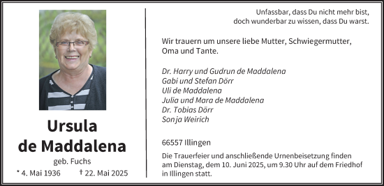 Todesanzeige von Ursula de Maddalena von saarbruecker_zeitung