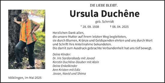 Todesanzeige von Ursula Duchene von saarbruecker_zeitung