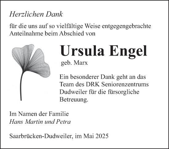 Todesanzeige von Ursula Engel von saarbruecker_zeitung