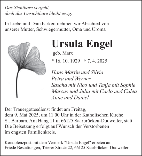 Todesanzeige von Ursula Engel von saarbruecker_zeitung