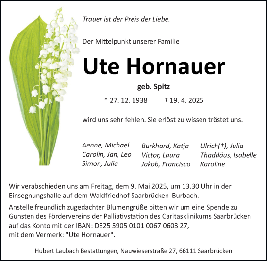 Todesanzeige von Ute Hornauer von saarbruecker_zeitung