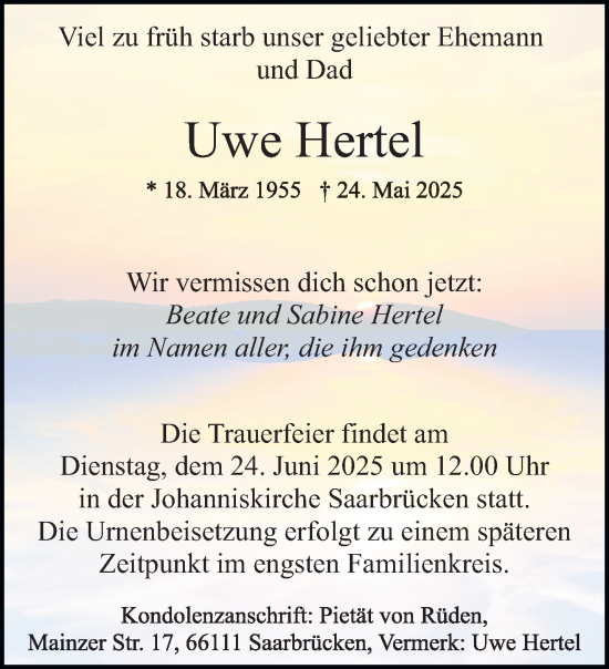 Todesanzeige von Uwe Hertel von saarbruecker_zeitung