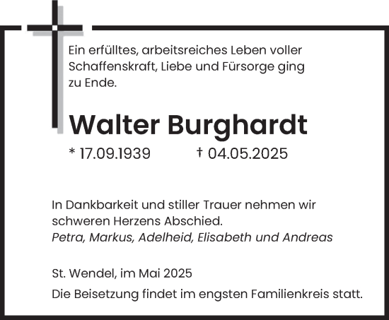 Todesanzeige von Walter Burghardt von saarbruecker_zeitung