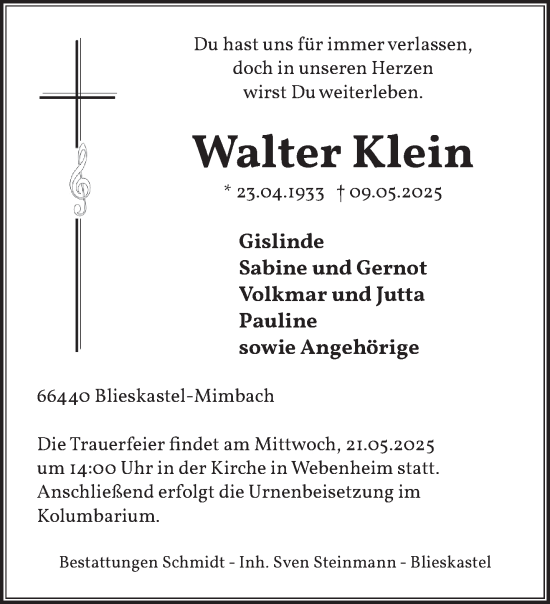 Todesanzeige von Walter Klein von saarbruecker_zeitung