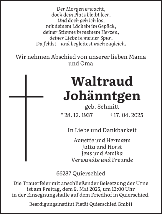 Todesanzeige von Waltraud Johänntgen von saarbruecker_zeitung