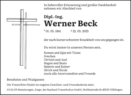 Todesanzeige von Werner Beck von saarbruecker_zeitung