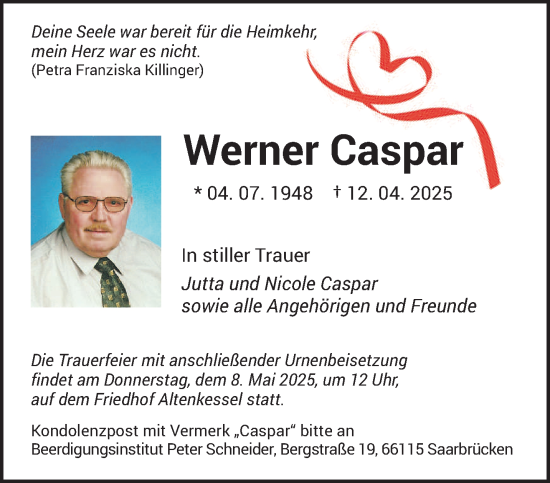 Todesanzeige von Werner Caspar von saarbruecker_zeitung