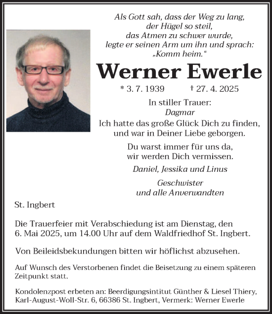 Todesanzeige von Werner Ewerle von saarbruecker_zeitung