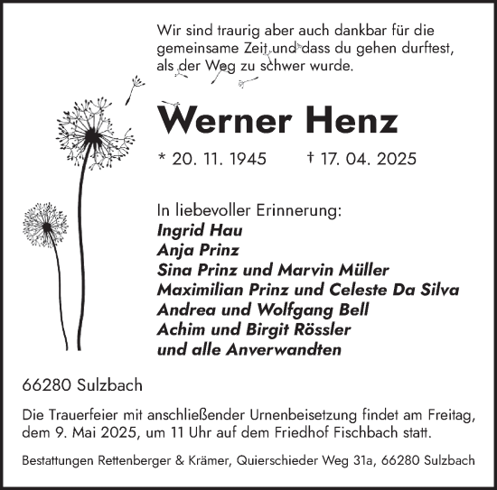 Todesanzeige von Werner Henz von saarbruecker_zeitung