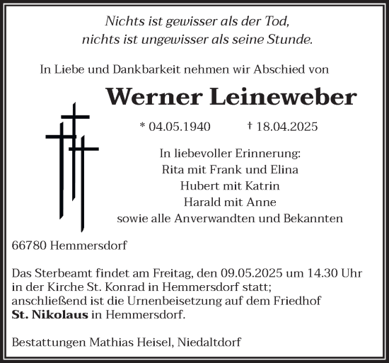 Todesanzeige von Werner Leineweber von saarbruecker_zeitung