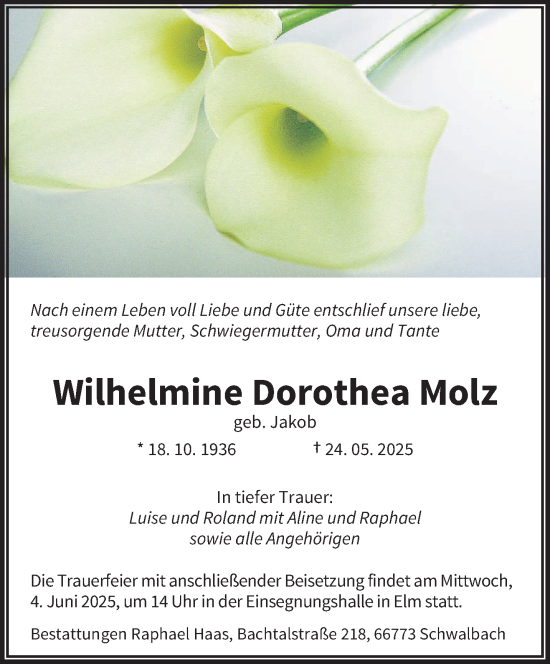 Todesanzeige von Wilhelmine Dorothea Molz von saarbruecker_zeitung