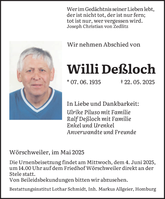 Todesanzeige von Willi Deßloch von saarbruecker_zeitung