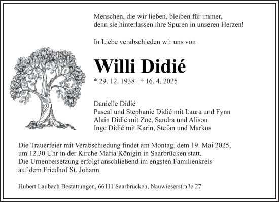 Todesanzeige von Willi Didié von saarbruecker_zeitung