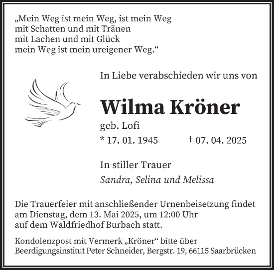 Todesanzeige von Wilma Kröner von saarbruecker_zeitung