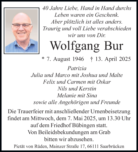 Todesanzeige von Wolfgang Bur von saarbruecker_zeitung