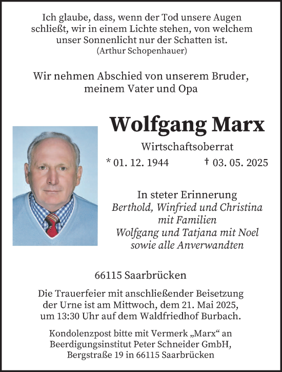 Todesanzeige von Wolfgang Marx von saarbruecker_zeitung