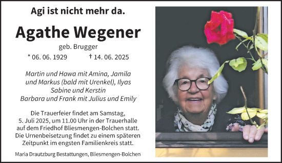 Todesanzeige von Agathe Wegener von saarbruecker_zeitung