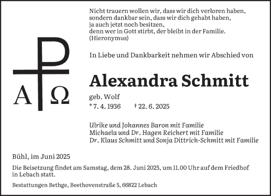 Todesanzeige von Alexandra Schmitt von saarbruecker_zeitung