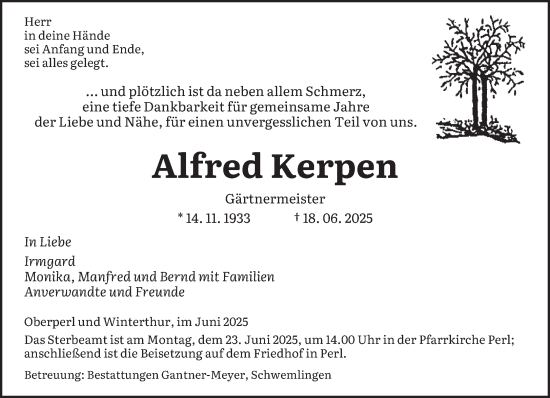 Todesanzeige von Alfred Kerpen von saarbruecker_zeitung