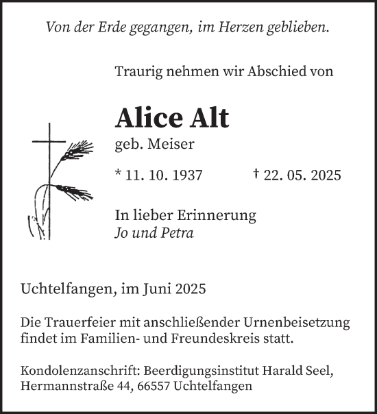 Todesanzeige von Alice Alt von saarbruecker_zeitung