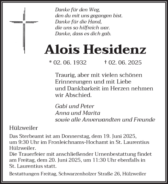 Todesanzeige von Alois Hesidenz von saarbruecker_zeitung