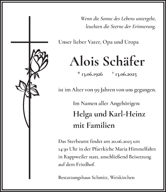 Todesanzeige von Alois Schäfer von saarbruecker_zeitung