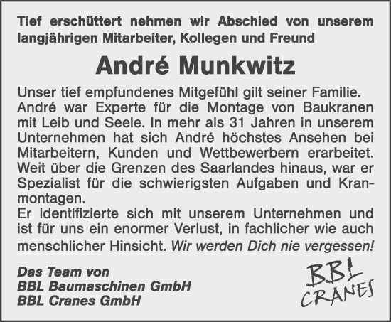 Todesanzeige von Andre Munkwitz von saarbruecker_zeitung