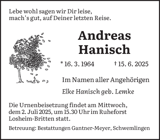 Todesanzeige von Andreas Hanisch von saarbruecker_zeitung