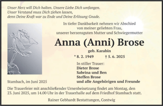 Todesanzeige von Anna Brose von saarbruecker_zeitung
