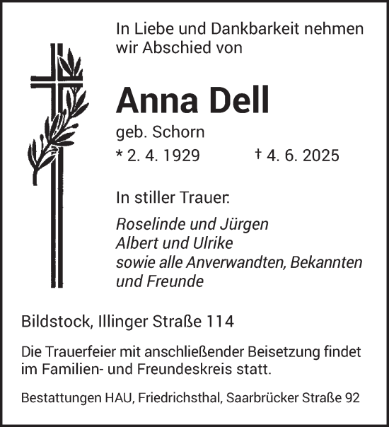 Todesanzeige von Anna Dell von saarbruecker_zeitung