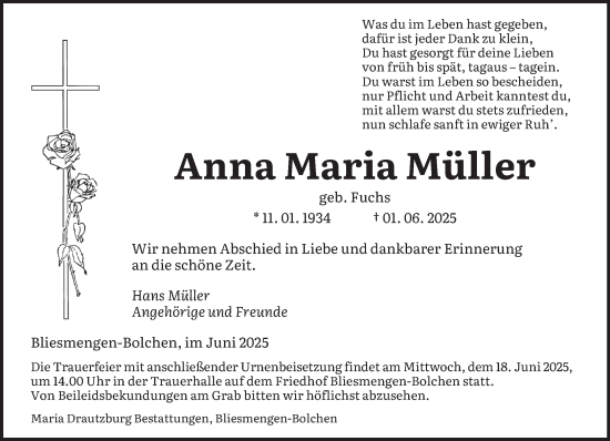 Todesanzeige von Anna Maria Müller von saarbruecker_zeitung