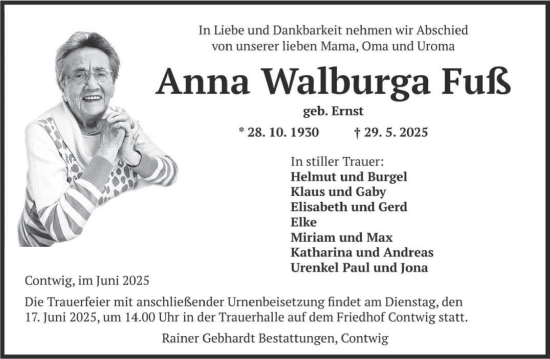 Todesanzeige von Anna Walburga Fuß von saarbruecker_zeitung